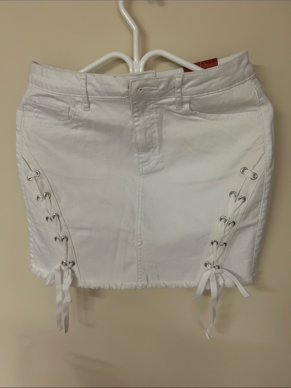 G by Guess White Lace-Up Denim Mini Skirt with Frayed Hem